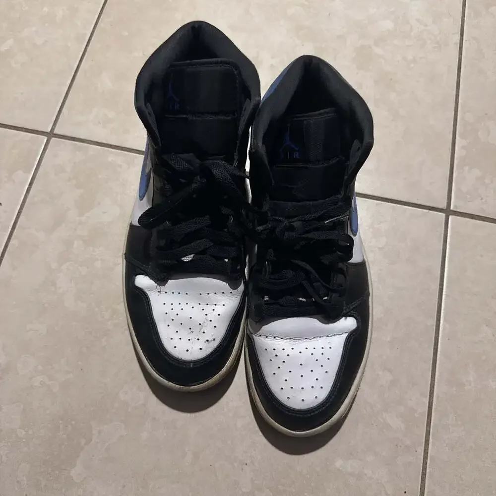 Air Jordan 1 Mid - Black and Dark Powder Blue Sneakers, Men's Size 10